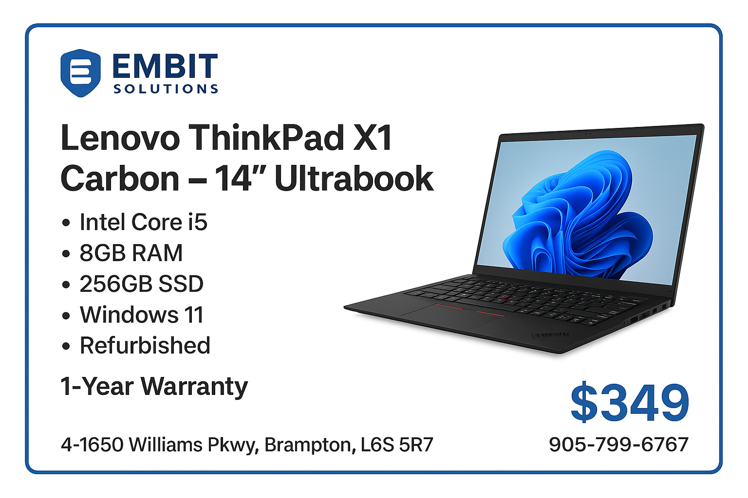 💻 Lenovo X1 Carbon 14" – Core i5 | 8GB | 256GB SSD | Windows 11 | Refurbished with 1-Year Warranty 🔥